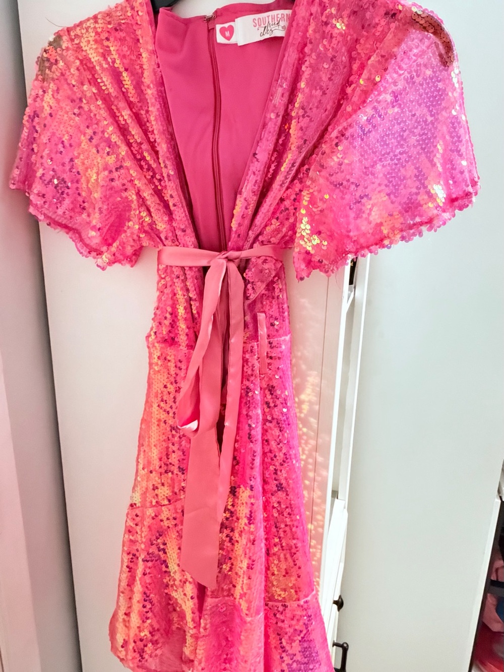 Southern Fried Chicks Hot Pink Sequin wrap Waist Dress